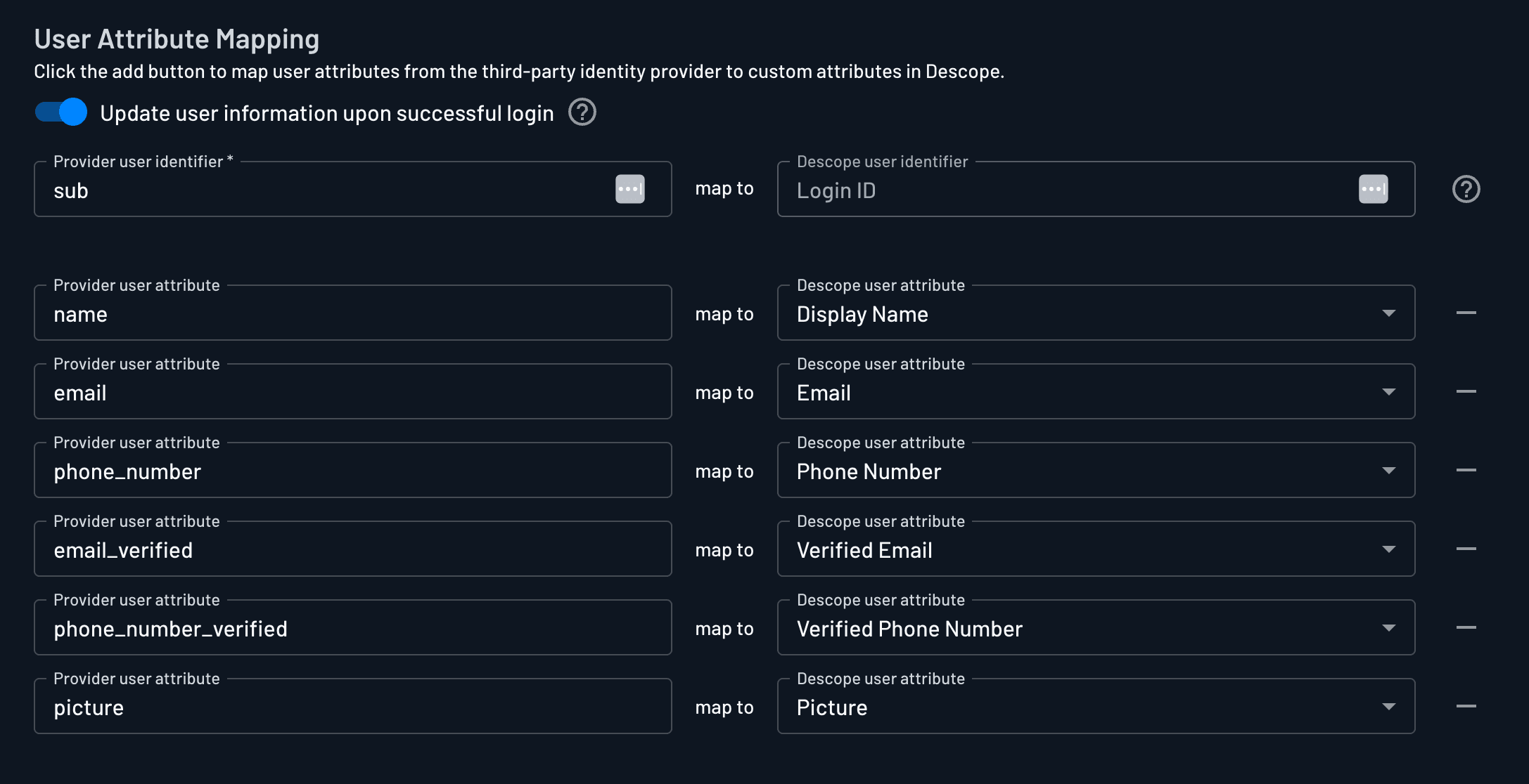 Custom ID.me OAuth provider user attribute mapping configured within Descope