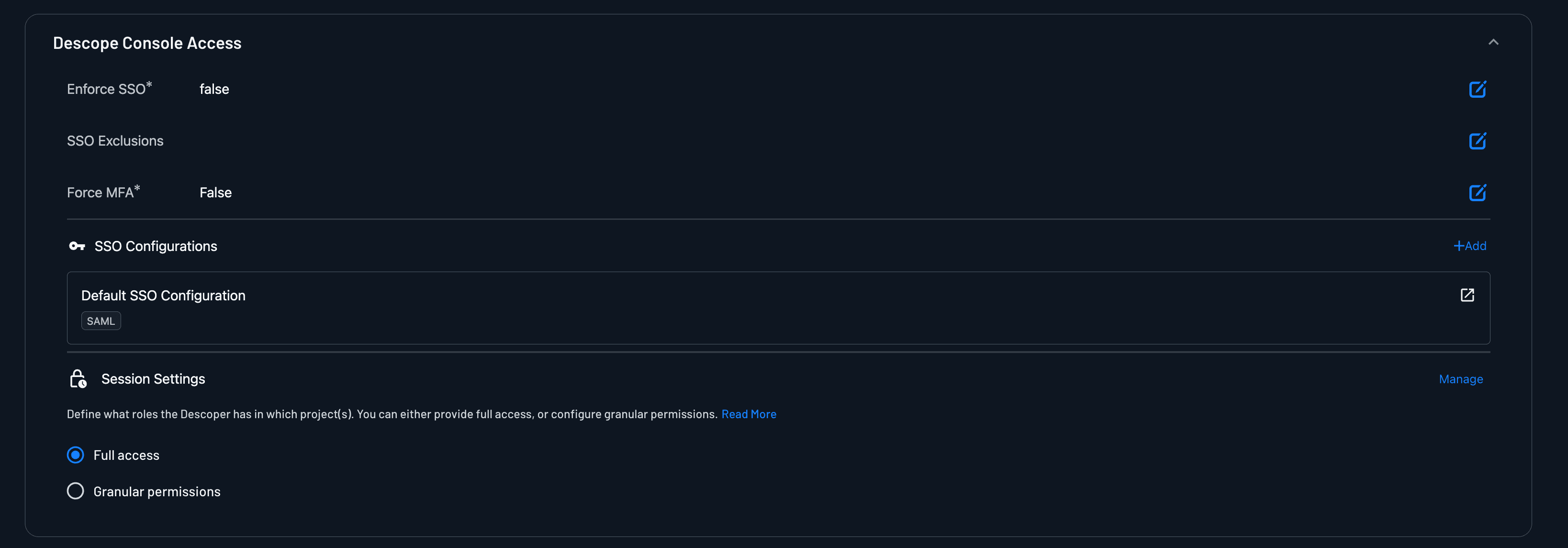 Descope Company Settings console access