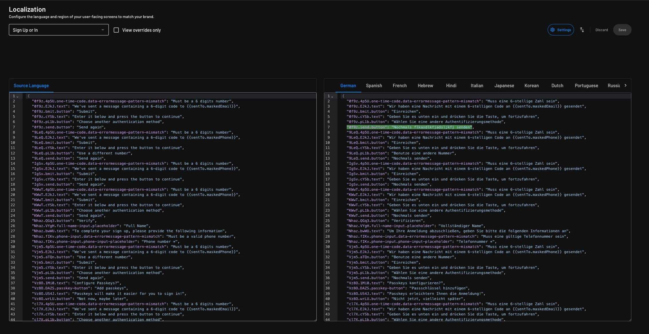 An example of manually overriding connector based localization of a flow within Descope (Knowledge base guide)