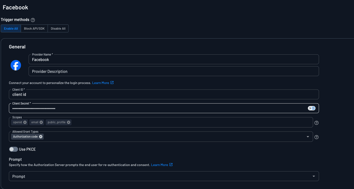 Descope custom social login with Facebook, configuring within Descope
