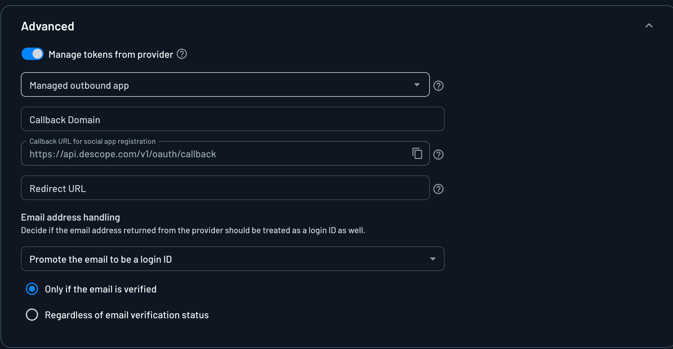 Manage tokens from provider setting for Facebook in the Descope Console