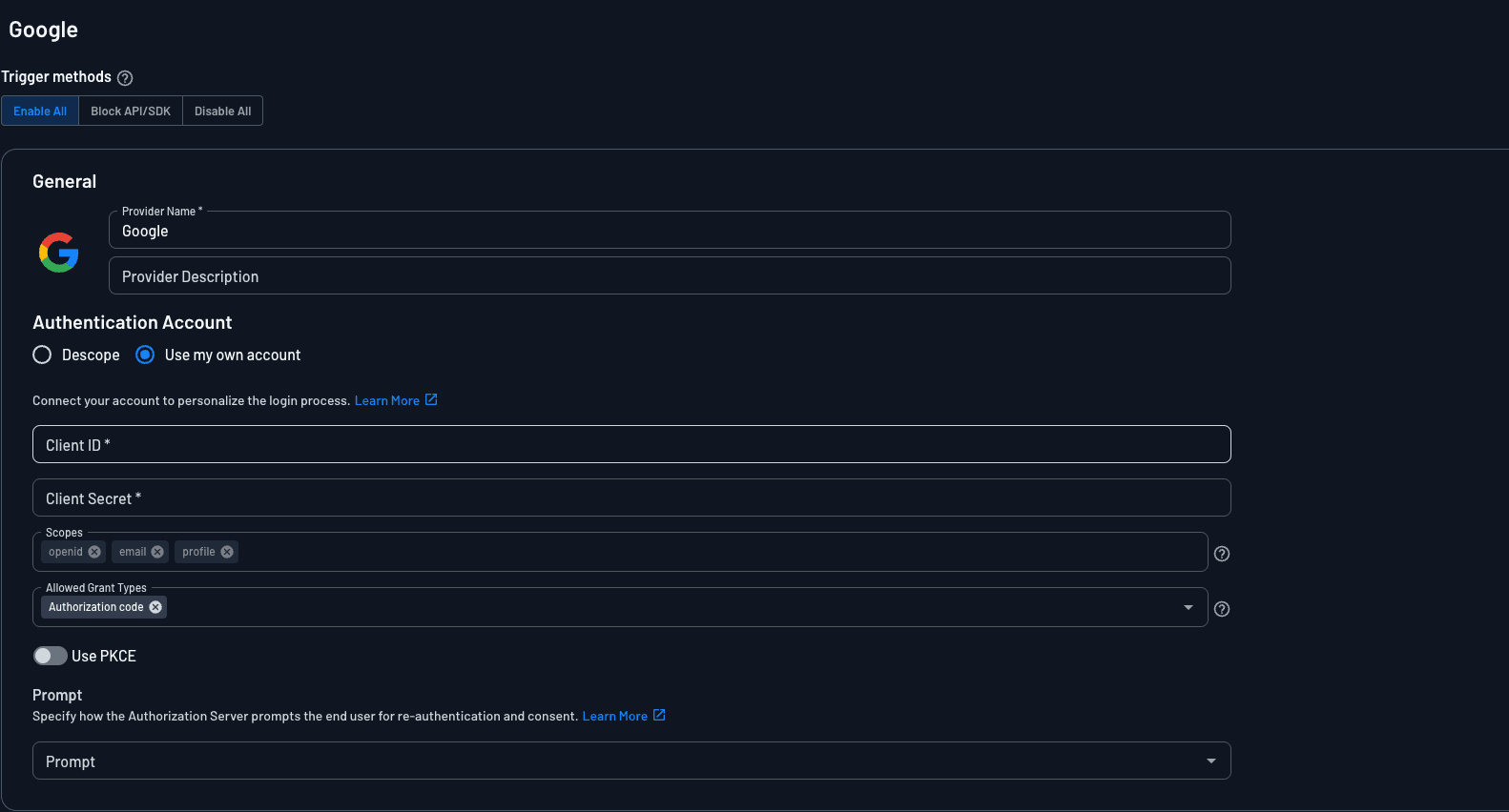 Descope custom social login with google, configuring within Descope 1