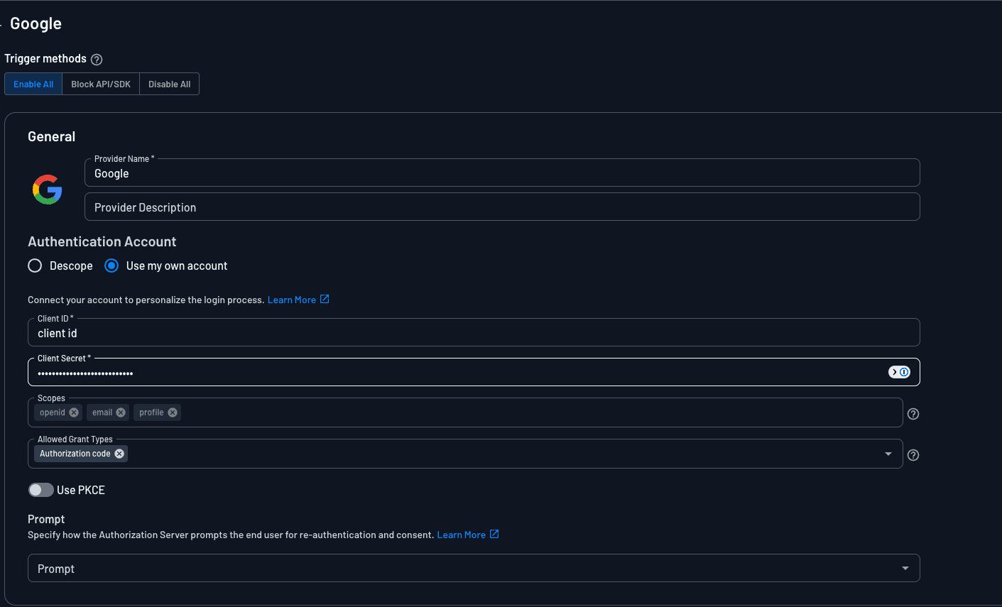 Descope custom social login with google, configuring within Descope 2