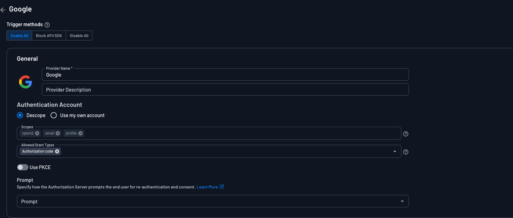 Descope custom social login with google, customize Google OAuth