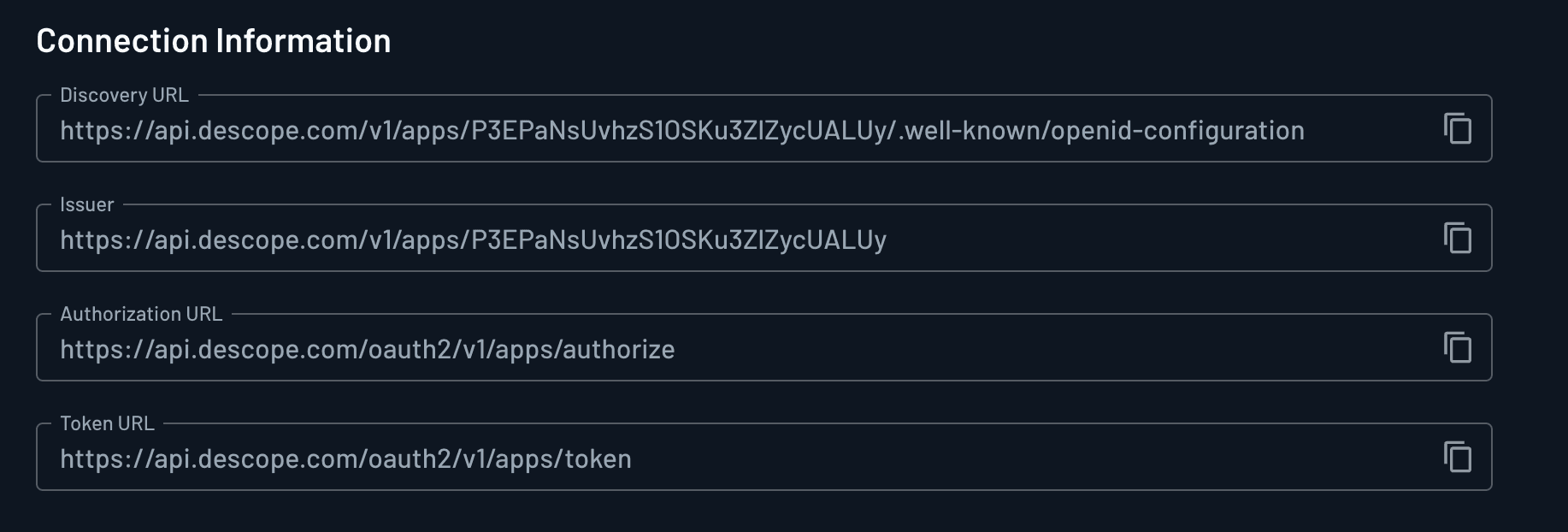 Configuring an inbound app's connection information in Descope