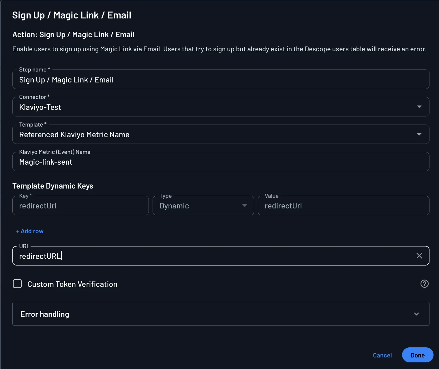Configuring a Klaviyo flow step with the metric name filled in