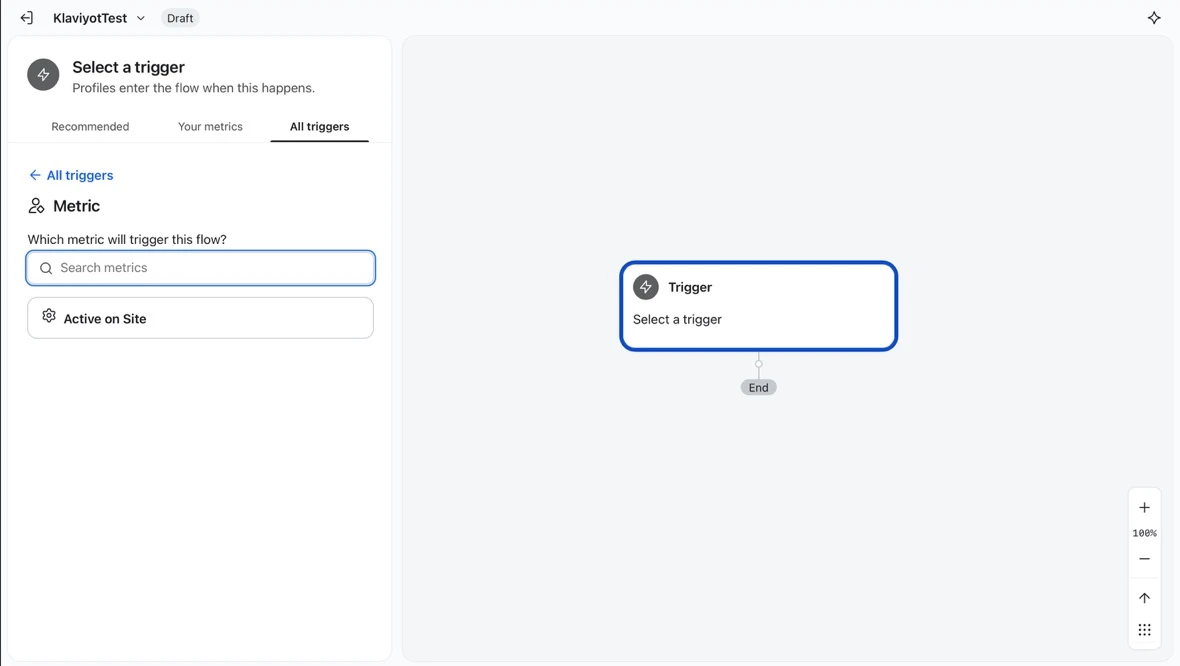 Selecting a Metric trigger for a Klaviyo flow