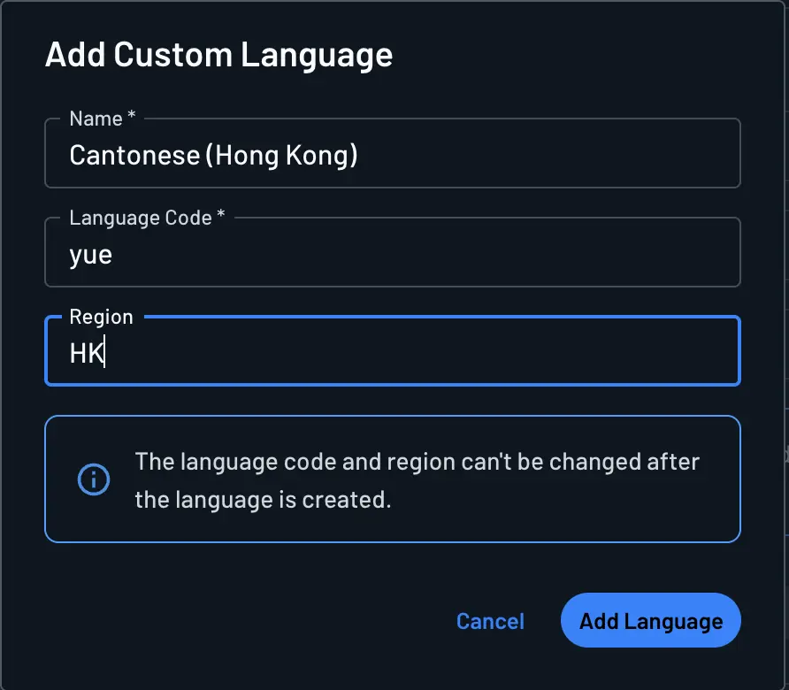 The Add Custom Language dialog within Descope Localization