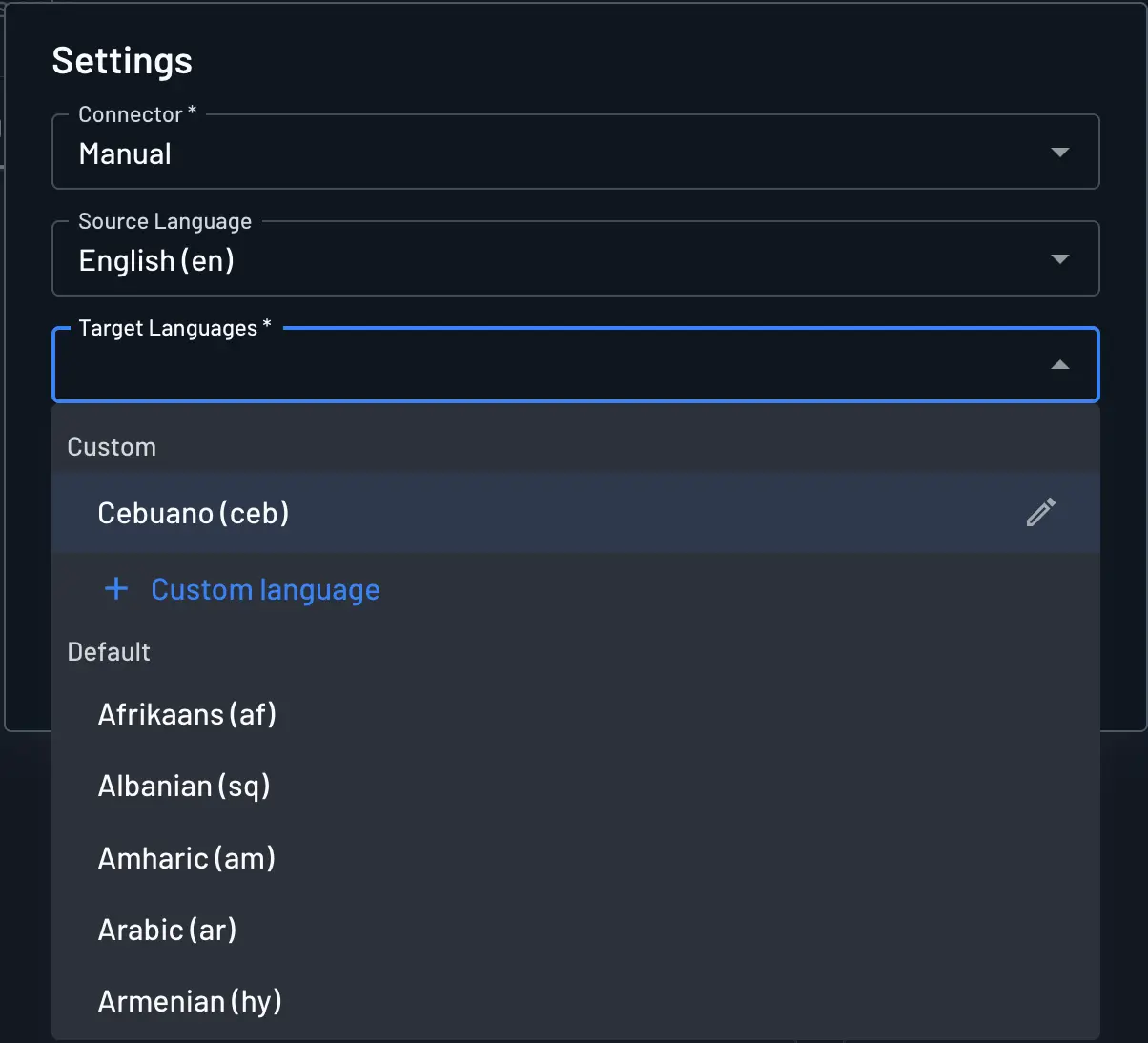 The grouped Custom and Default target language picker within Descope Localization