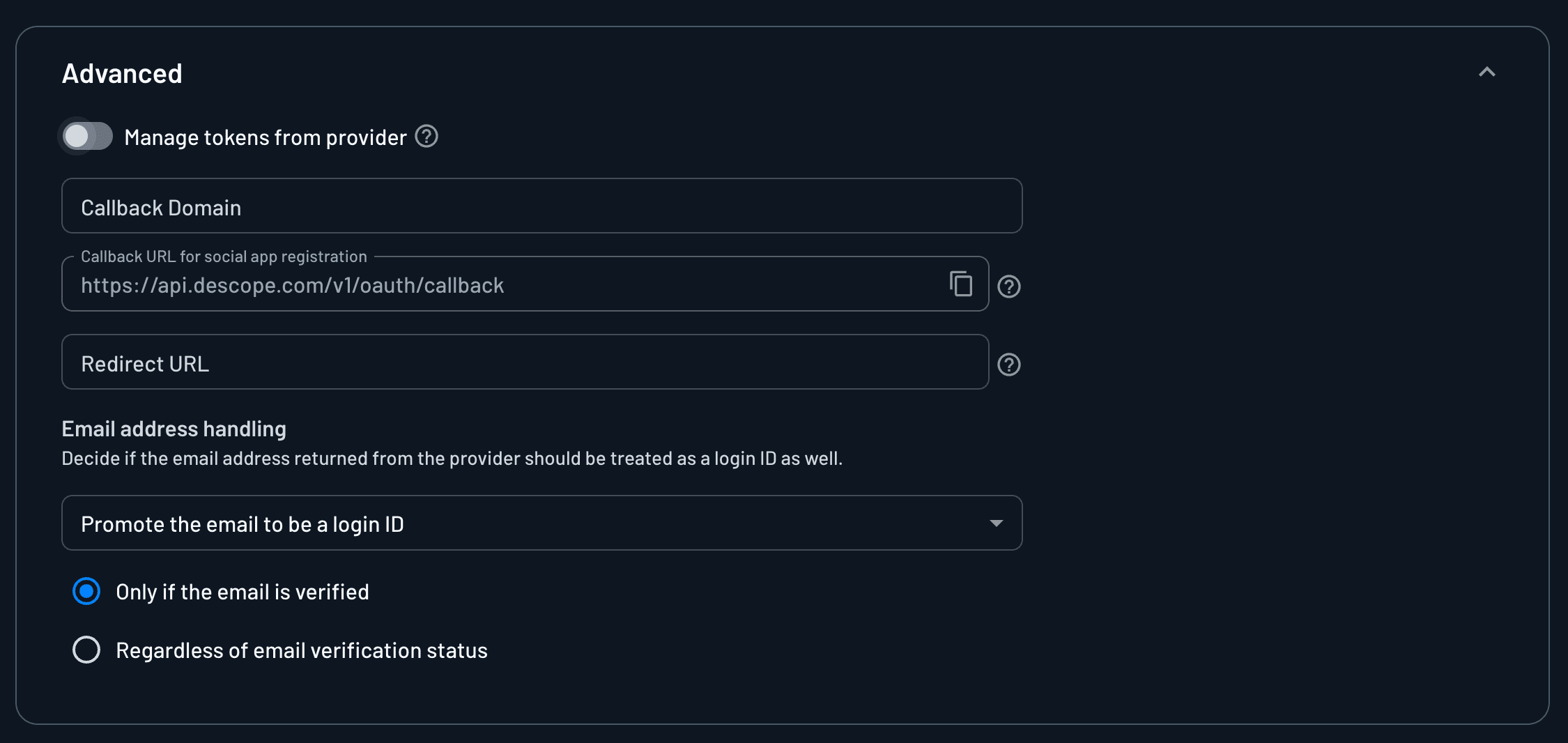 Microsoft provider settings within the Descope Console