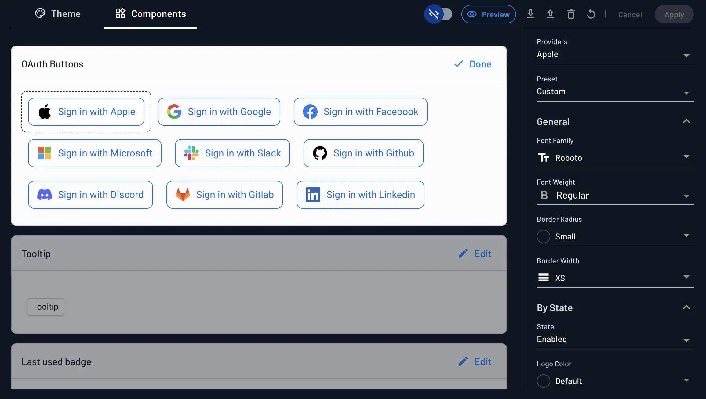 GUI screen oauth button components