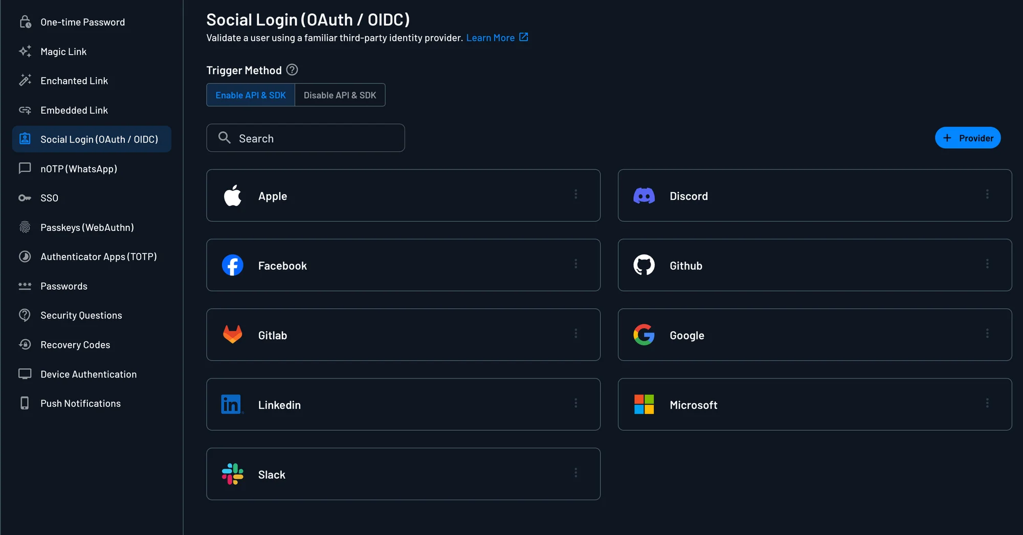 Social Login page with the + Provider button