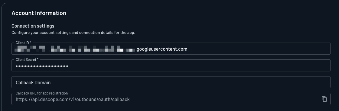 Configuring an outbound app's connection settings in Descope