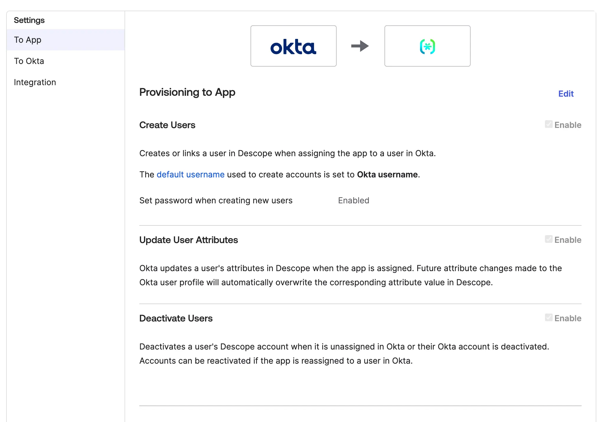 SCIM To App settings in Okta