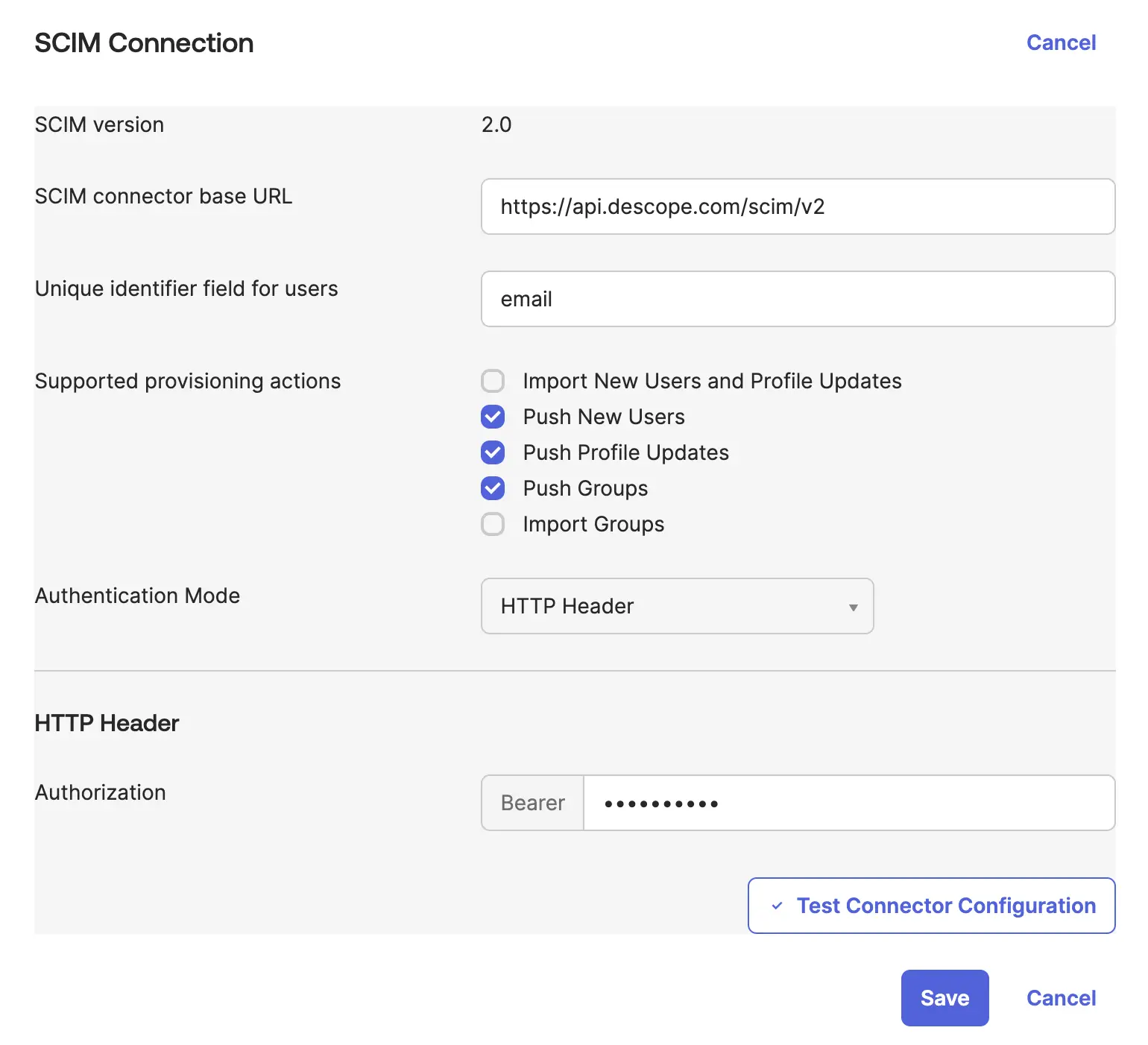 SCIM connector configuration in Okta
