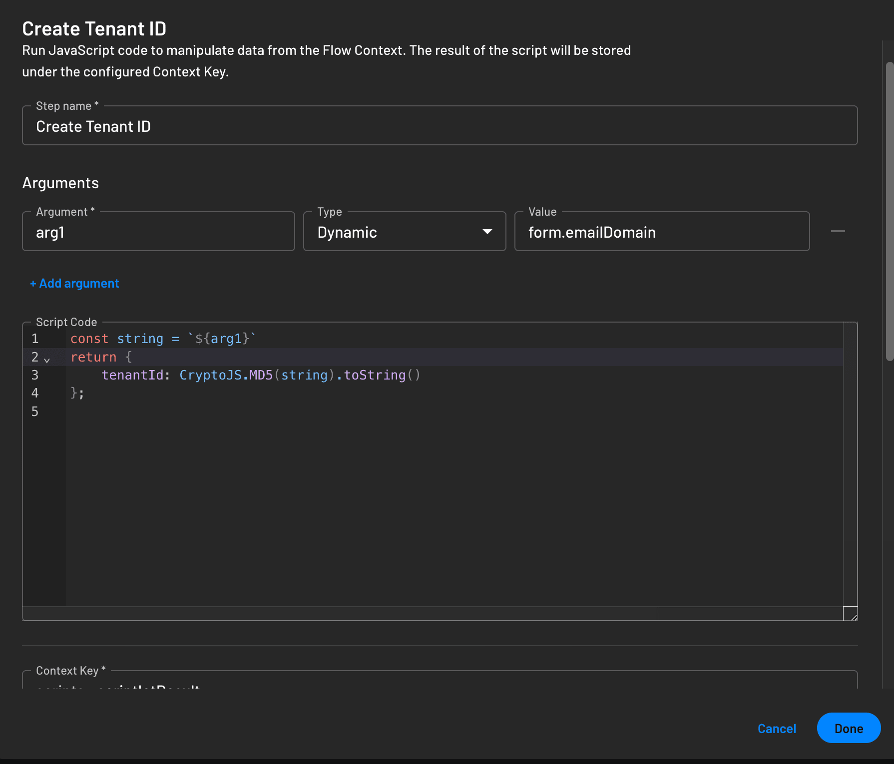 Scriptlet that hashes the email domain