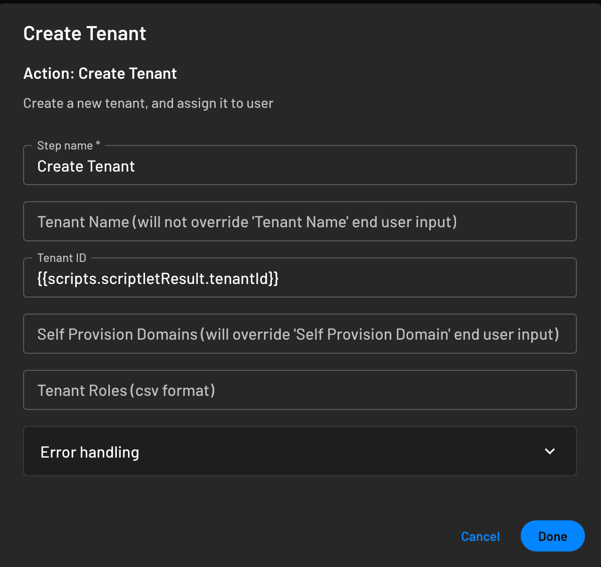 Create Tenant action using the Scriptlet result