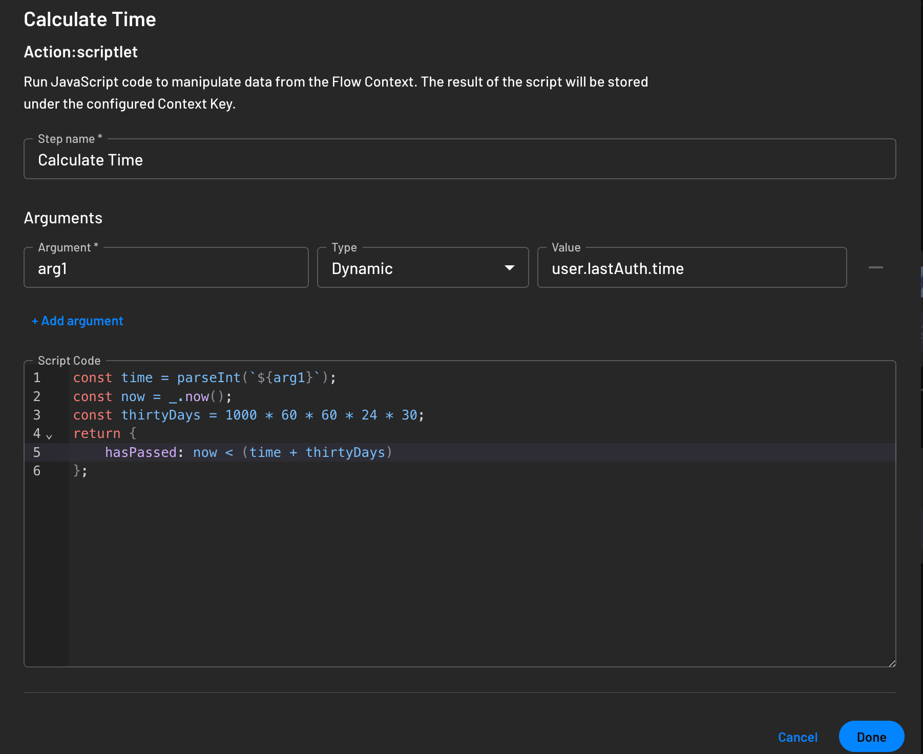 Scriptlet comparing last auth time to now