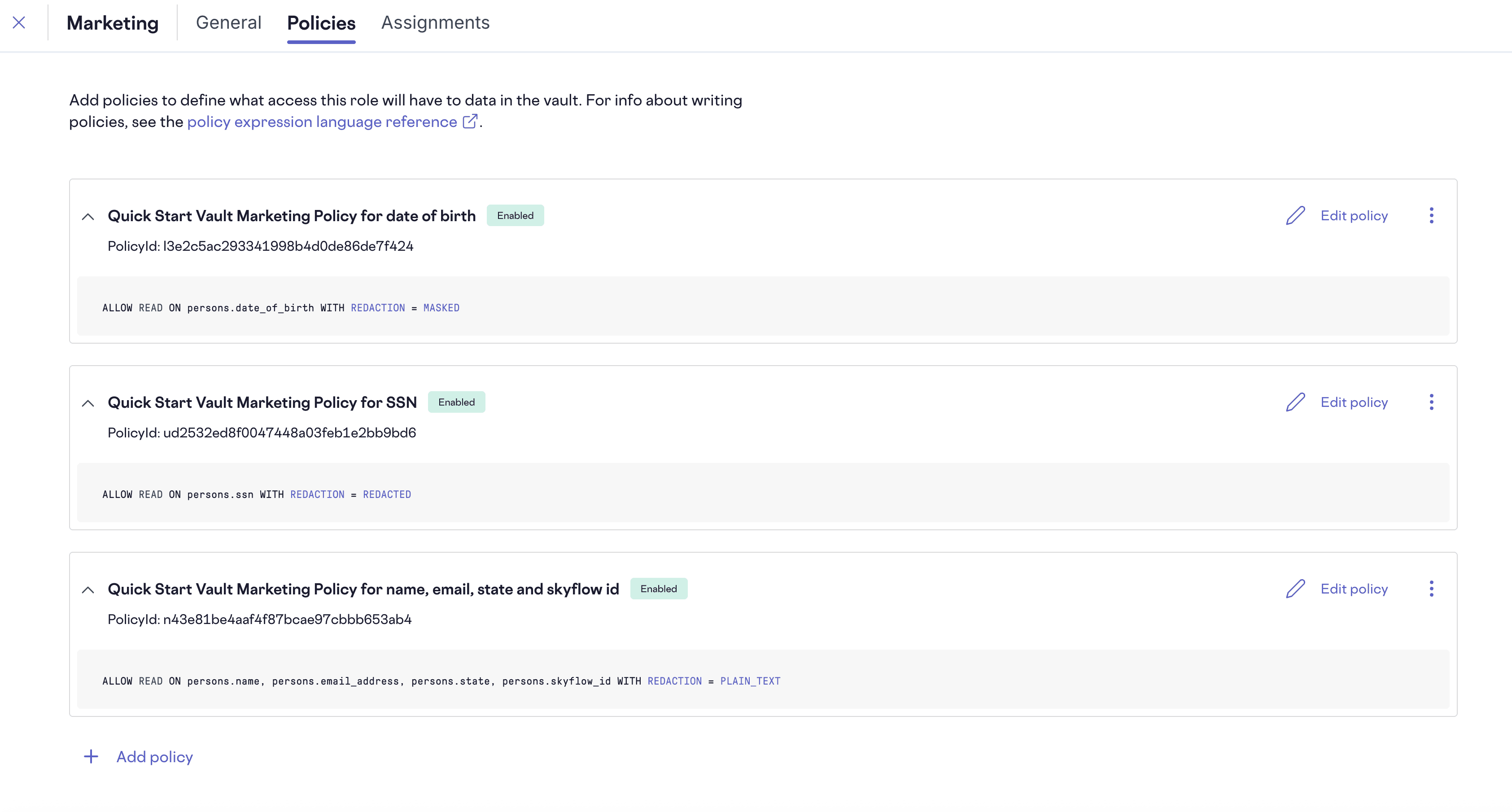 Skyflow policies