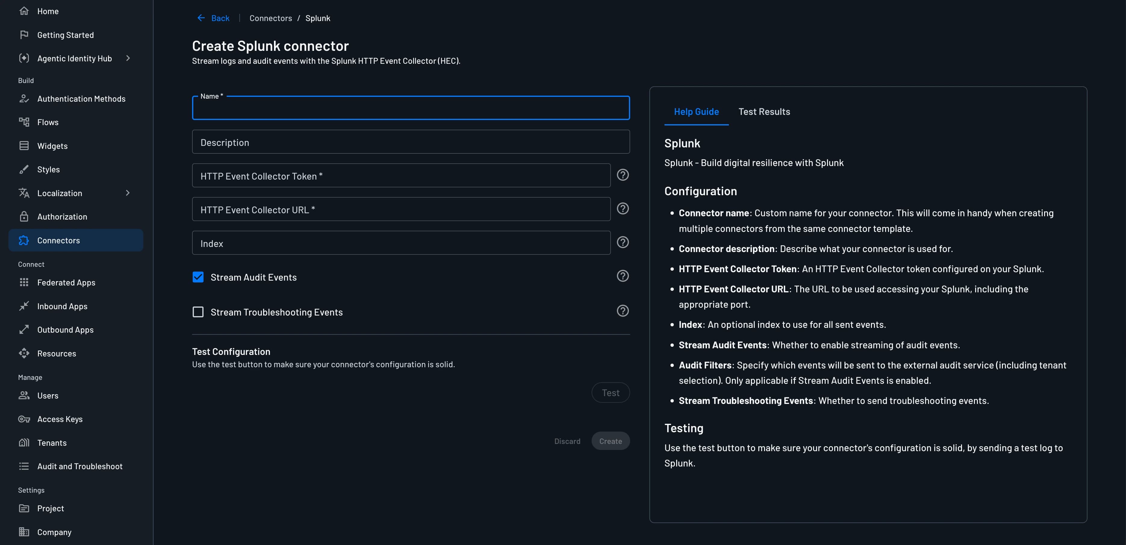 Splunk connector setup
