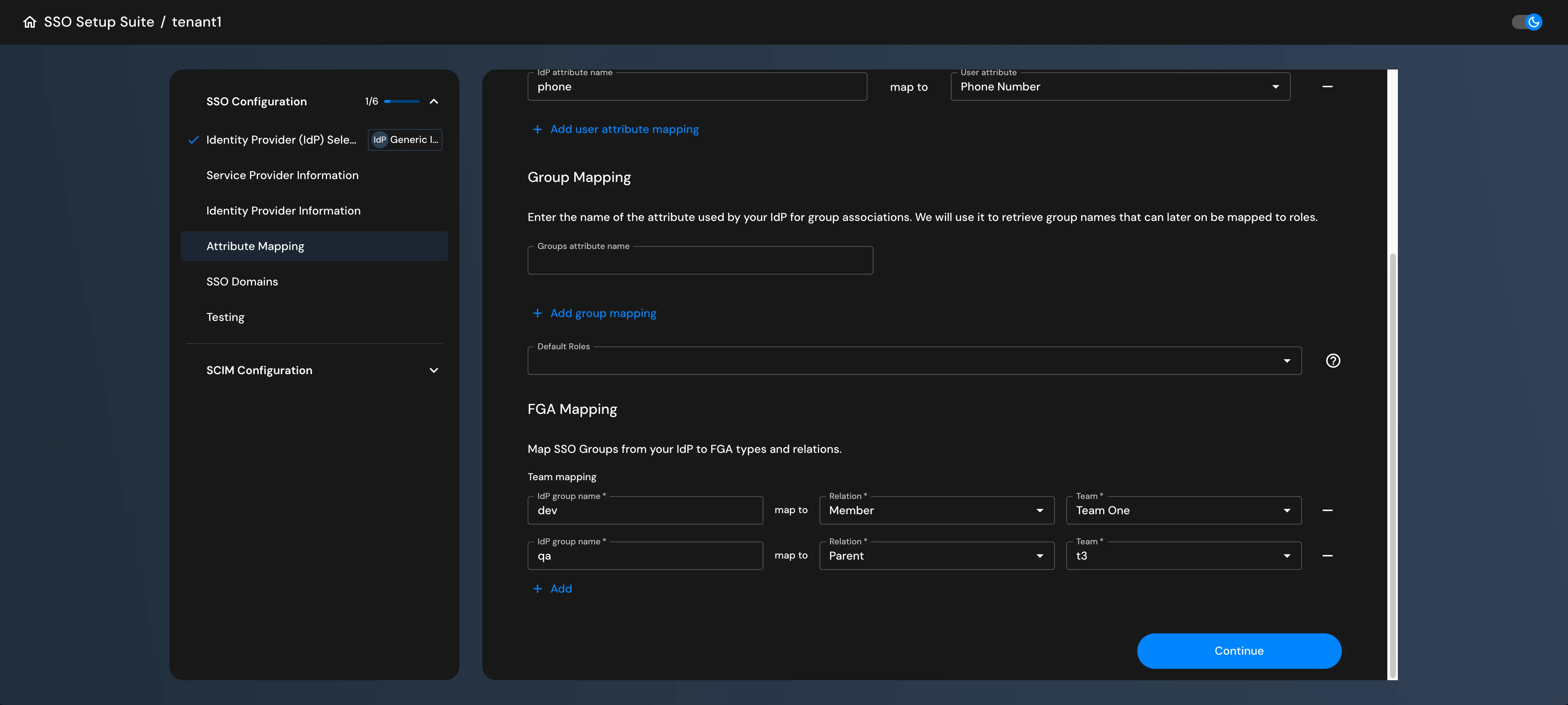 FGA Mapping in the SSO Setup Suite, showing one team resolved to a display name ("Team One") and another still showing its raw resource ID ("t3").