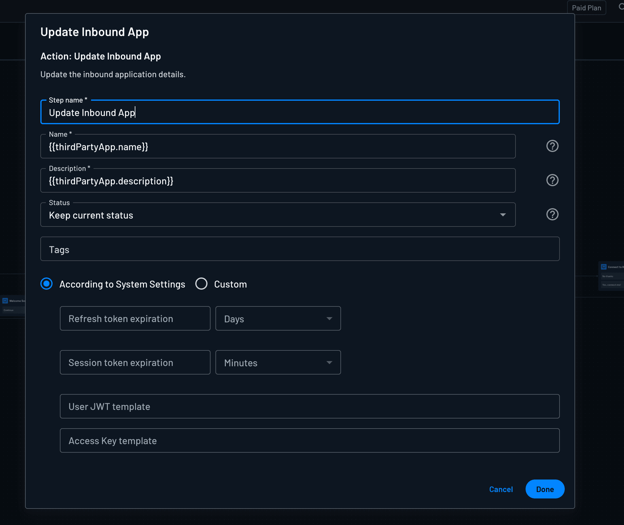 Update Inbound App action
