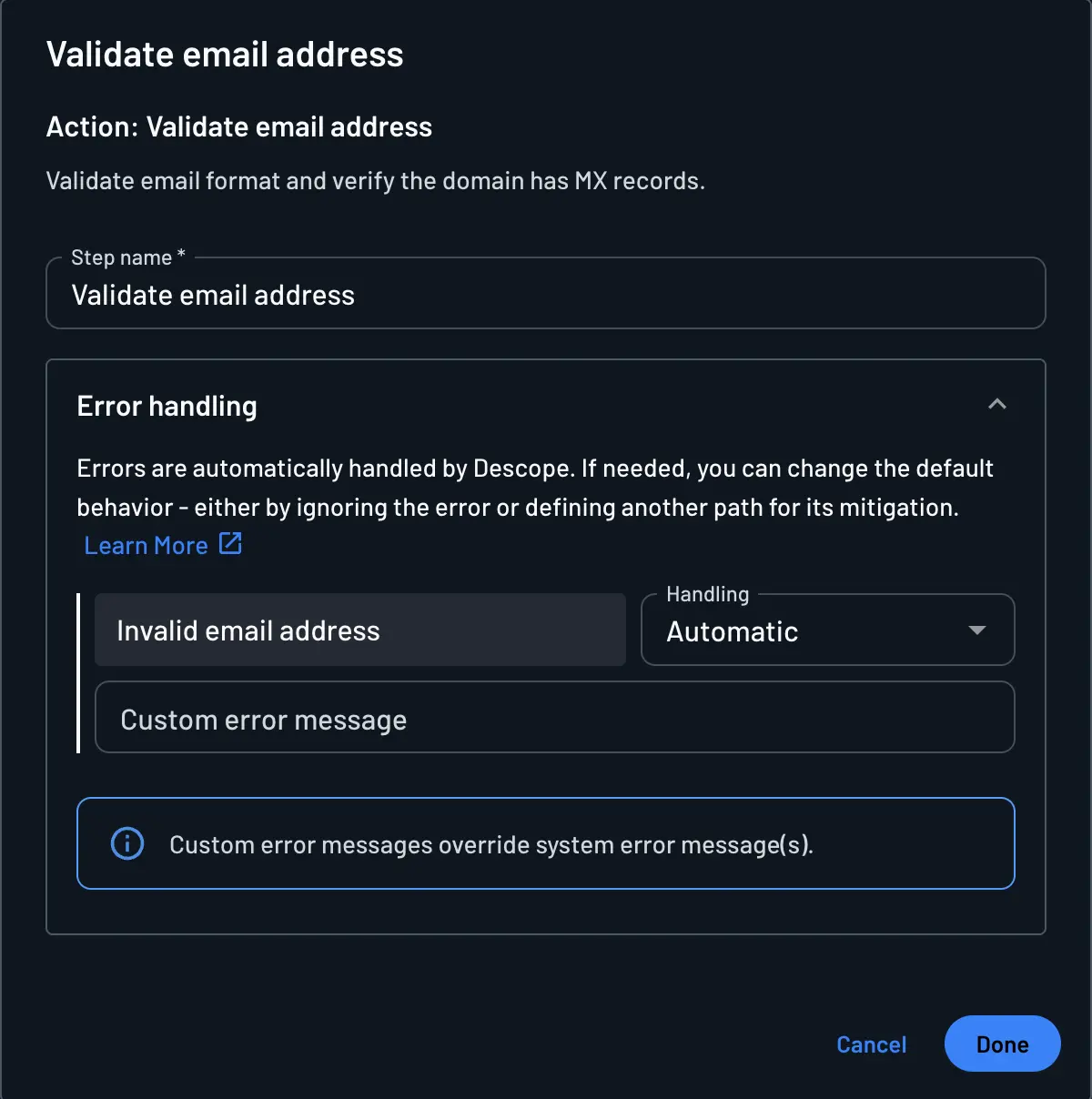 Configuring error handling for the Validate email address action
