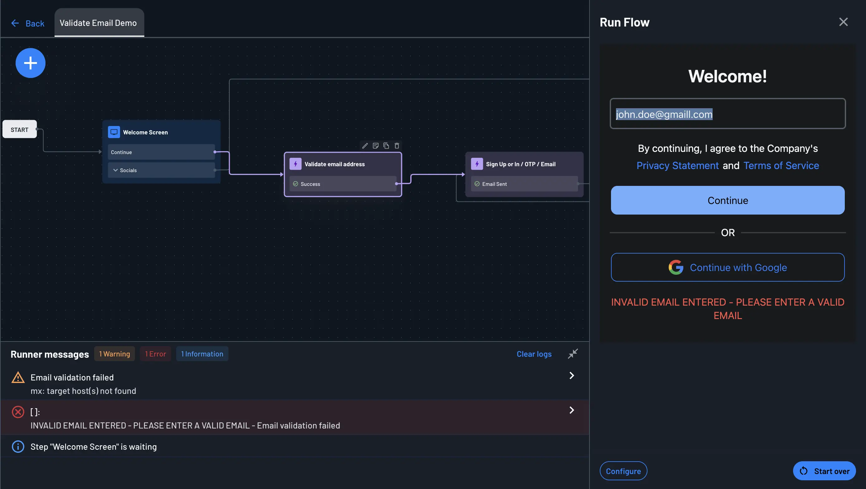 Example flow using the Validate email address action