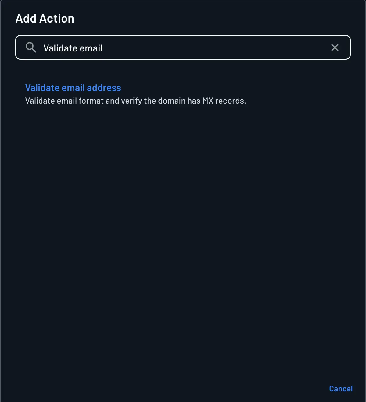 Searching for the Validate email address action in the Descope flow builder