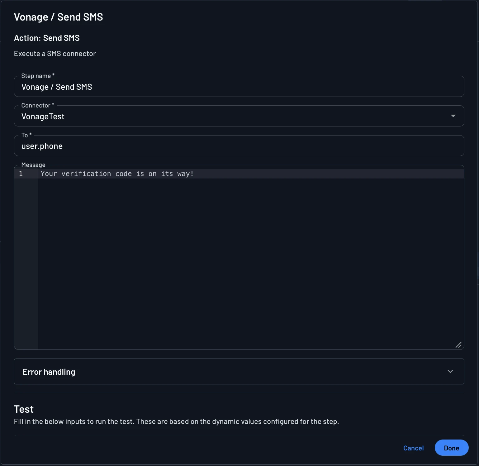 Configuring the Vonage connector widget in a flow