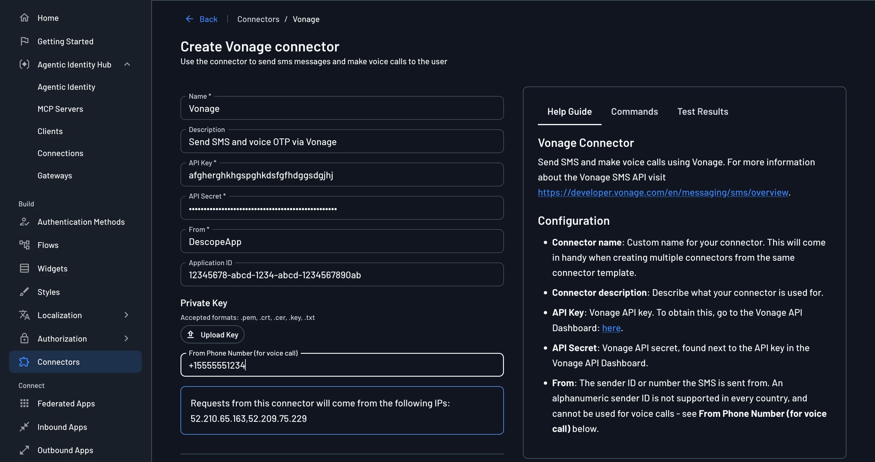 Vonage connector configuration screen with voice call fields