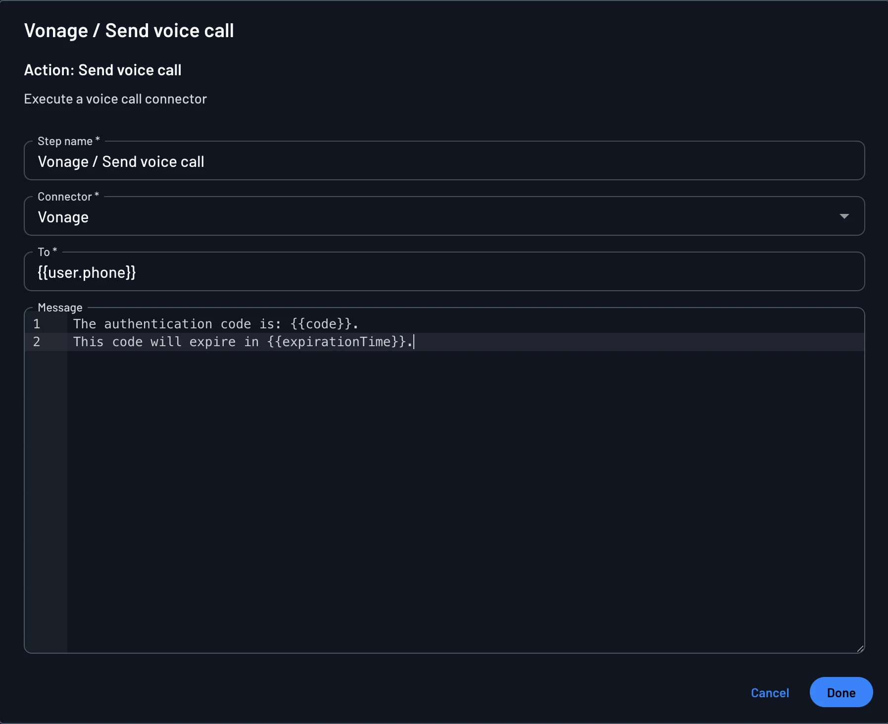 Vonage Send voice call step configured in a flow