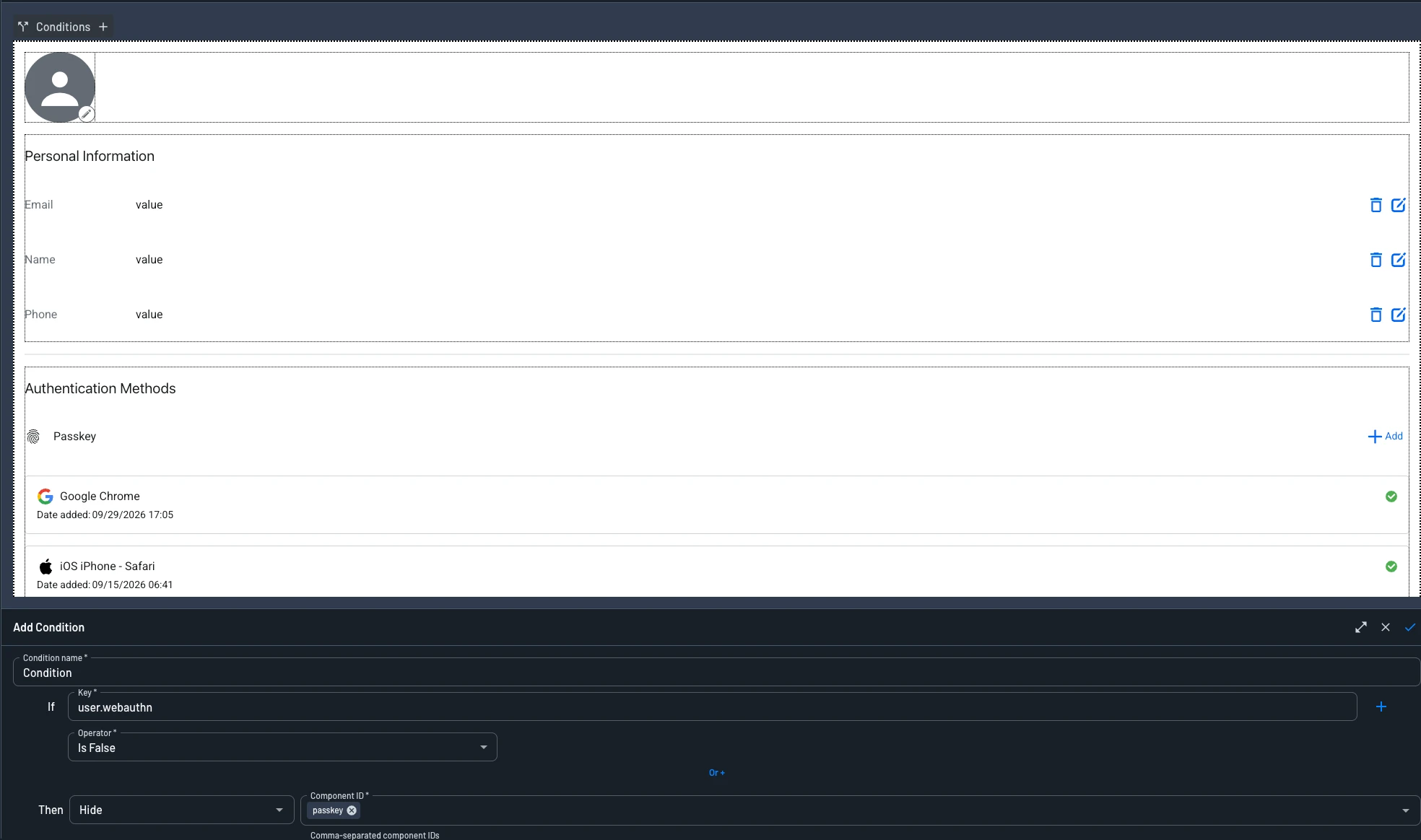 Widget condition that hides the passkey component when user.webauthn is false
