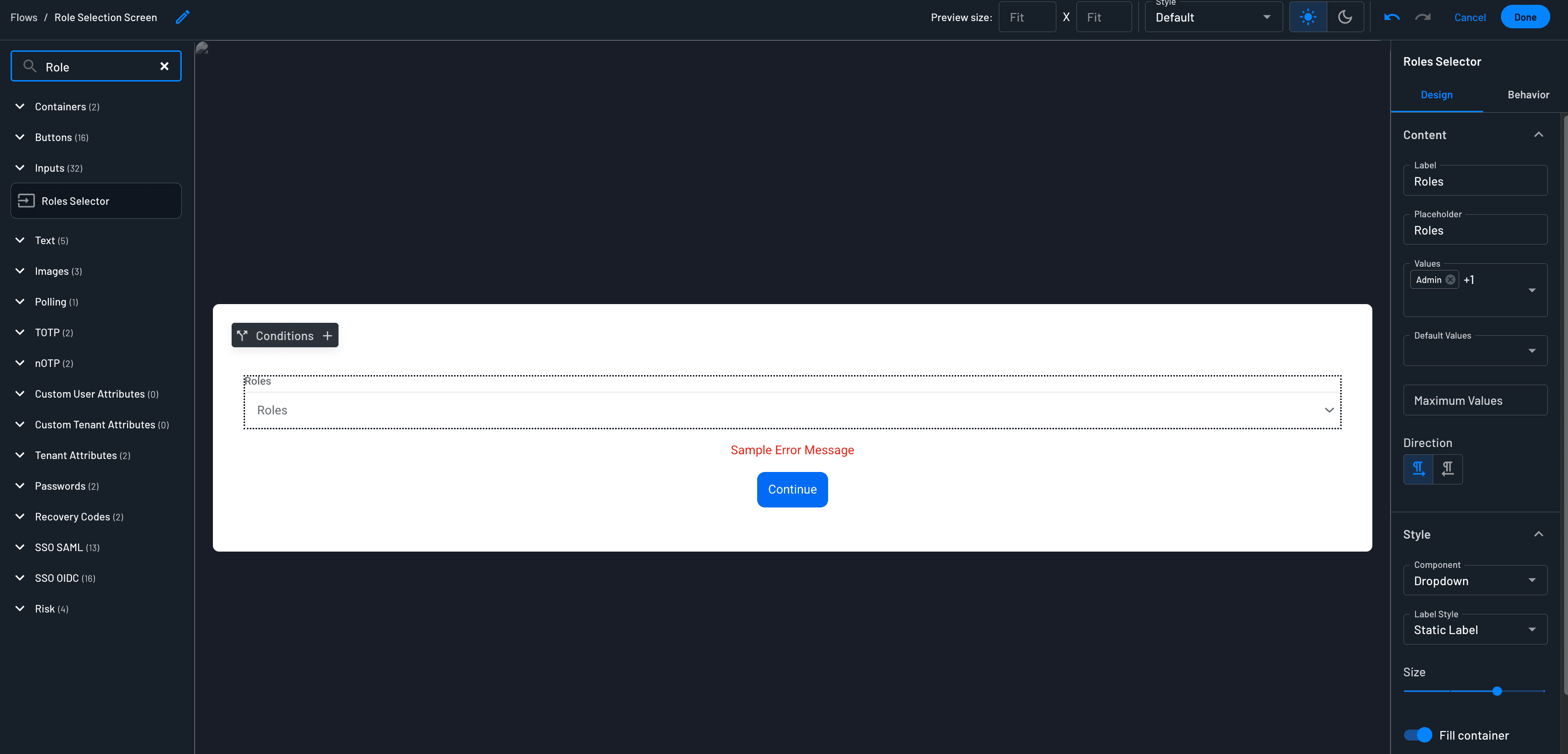 Role selector screen