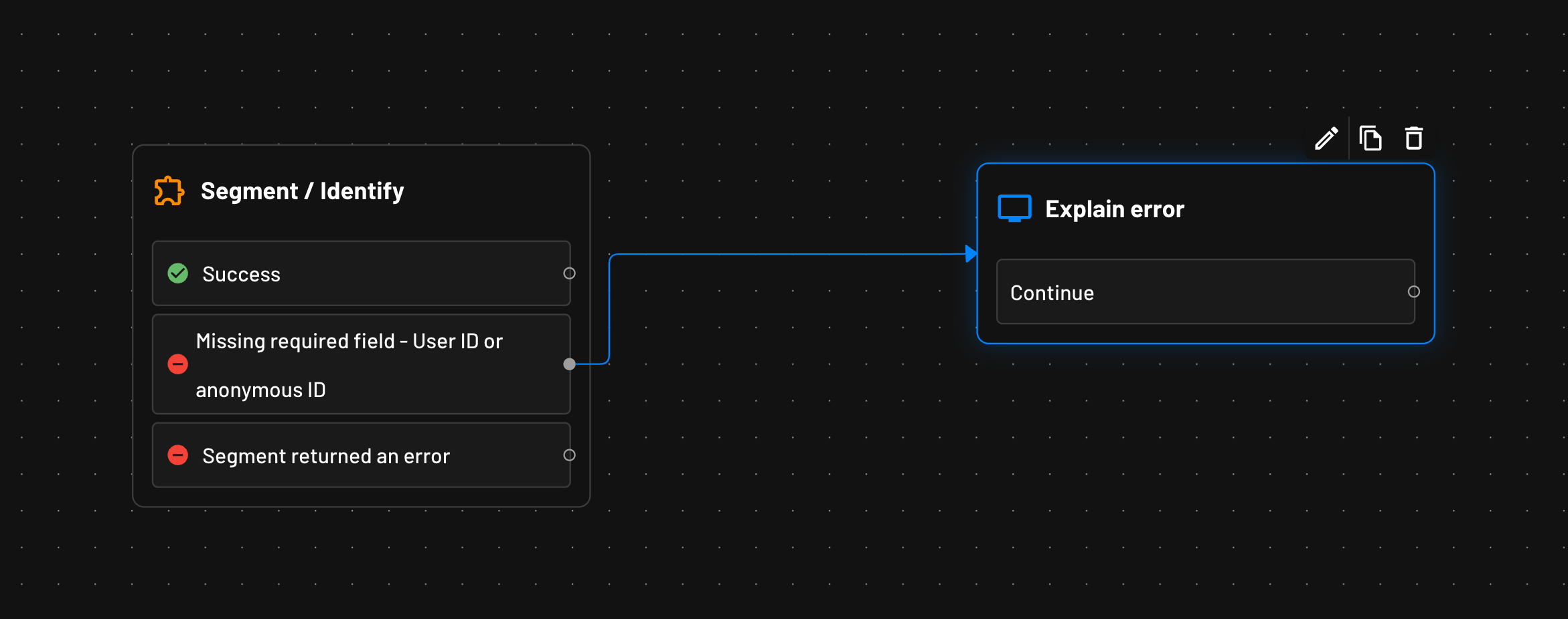 Descope example segment connector error handling connection within flow.
