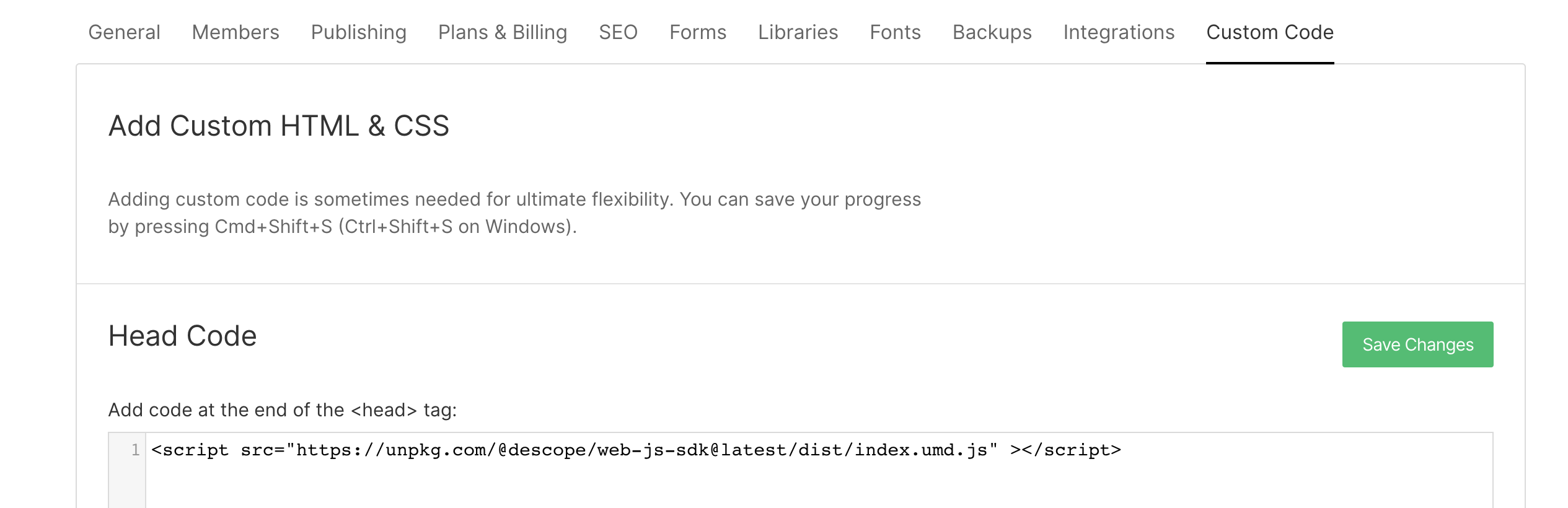 Descope webflow guide - site wide custom code.