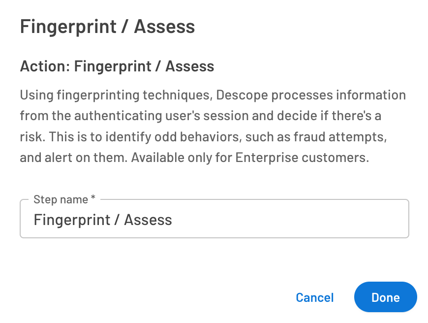 Descope Fingerprint / Assess action settings..